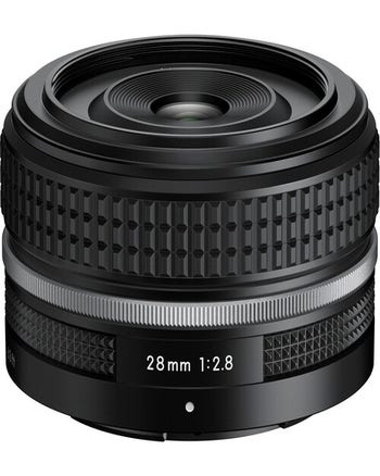 Nikon NIKKOR Z 28mm f/2.8 SE Z-mount lens with classic knurled focus ring, angled view