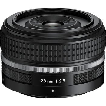 Nikon NIKKOR Z 28mm f/2.8 SE Z-mount lens with classic knurled focus ring, angled view