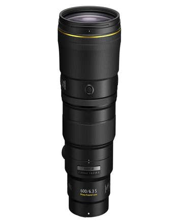 Nikon Nikkor Z 600mm f/6.3 VR S super-telephoto prime lens standing upright on white background