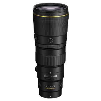 Nikon Nikkor Z 600mm f/6.3 VR S super-telephoto prime lens standing upright on white background