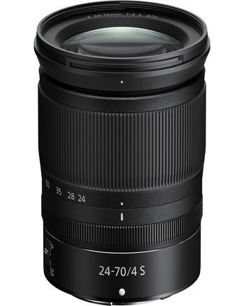 Nikon Z 24-70mm f/4 S zoom lens, front angled view showing zoom ring and 24-70mm focal length markings