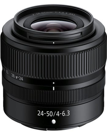 Nikon NIKKOR Z 24-50mm f/4-6.3 compact full-frame zoom lens, front angled view