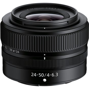 Nikon NIKKOR Z 24-50mm f/4-6.3 compact full-frame zoom lens, front angled view
