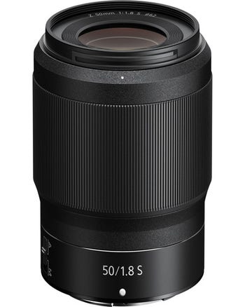 Nikon Nikkor Z 50mm f/1.8 S prime lens front angled view showing focus ring and 50/1.8 S marking