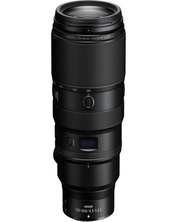 Nikon NIKKOR Z 100-400mm f/4.5-5.6 VR S telephoto zoom lens, front view on white background