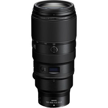 Nikon NIKKOR Z 100-400mm f/4.5-5.6 VR S telephoto zoom lens, front view on white background
