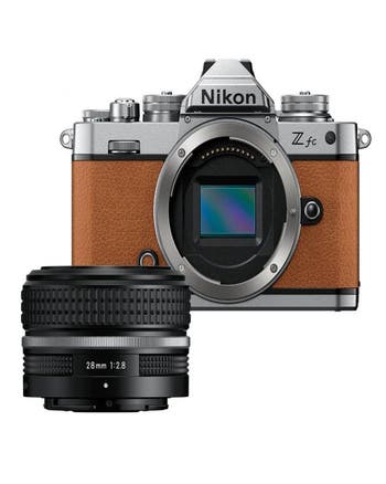 Nikon Z fc brown mirrorless camera body with NIKKOR Z 28mm f/2.8 SE lens kit, front view