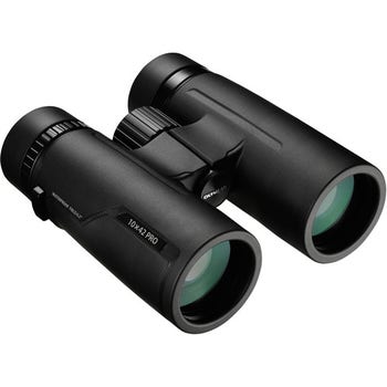 Olympus 10x42 PRO black binoculars with green objective lenses, angled front three-quarter view