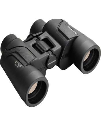 Angled view of Olympus 8x40 S Porro Prism Binoculars showing rubber armour and centre focus wheel