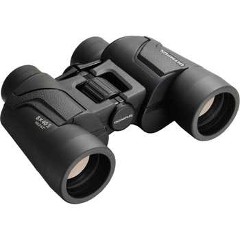 Angled view of Olympus 8x40 S Porro Prism Binoculars showing rubber armour and centre focus wheel