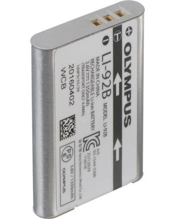 Olympus LI-92B rechargeable lithium-ion camera battery standing upright, showing label and contacts