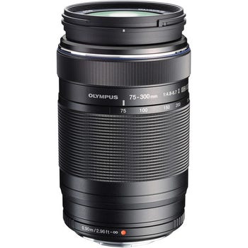 OM System M.Zuiko 75-300mm II f/4.8-6.7 MSC black telephoto zoom lens, front angled view