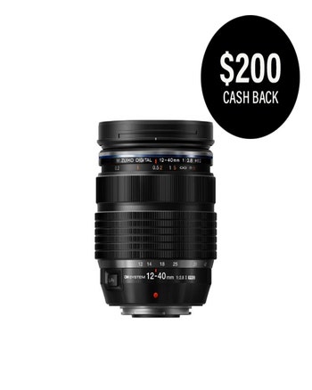 OM System M.Zuiko Digital ED 12-40mm f/2.8 Pro II lens with $200 cashback badge