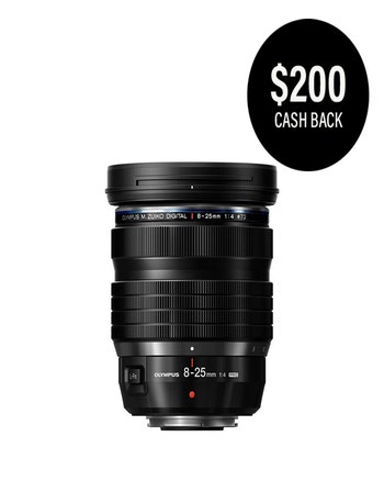 OM System M.Zuiko Digital ED 8-25mm f4.0 Pro black lens with $200 cashback badge