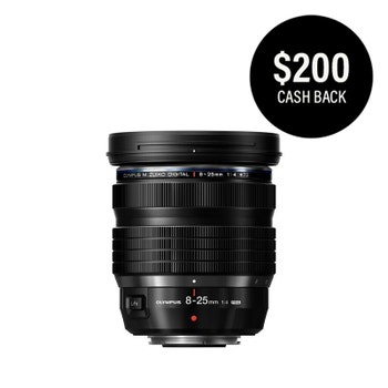 OM System M.Zuiko Digital ED 8-25mm f4.0 Pro black lens with $200 cashback badge