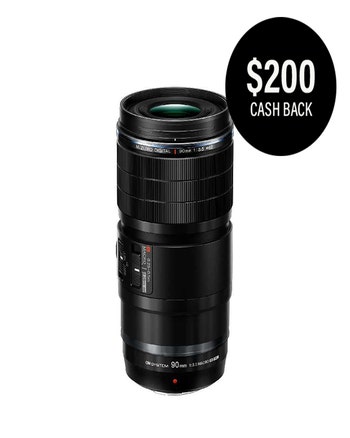 OM System M.Zuiko Digital ED 90mm f/3.5 Macro IS Pro lens with $200 cashback badge