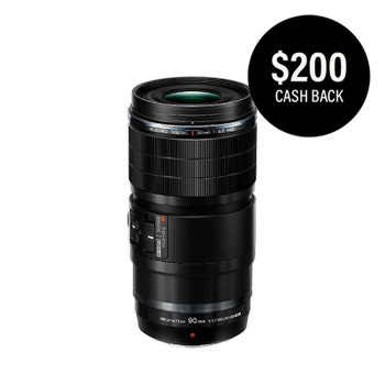 OM System M.Zuiko Digital ED 90mm f/3.5 Macro IS Pro lens with $200 cashback badge