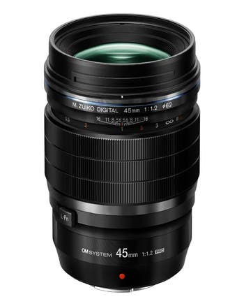 OM System M.Zuiko Digital ED 45mm f/1.2 PRO black portrait lens, front angled product view