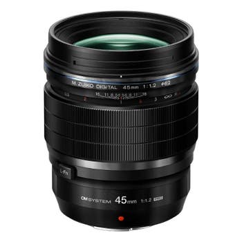 OM System M.Zuiko Digital ED 45mm f/1.2 PRO black portrait lens, front angled product view
