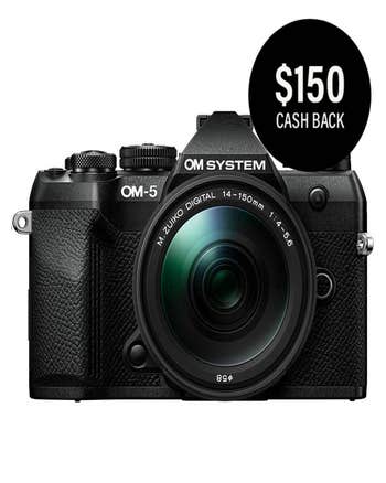 OM System OM-5 Mark II black mirrorless camera with 14-150mm lens and $150 cash back badge