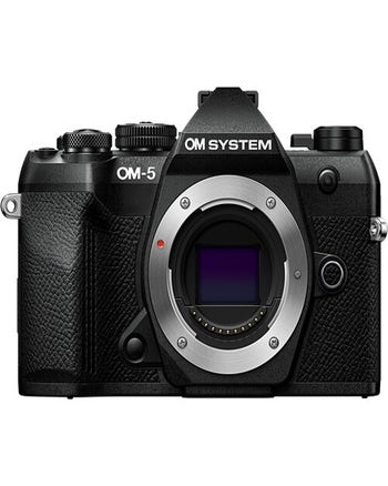 Front view of black OM System OM-5 Mark II compact mirrorless camera body only, no lens attached.