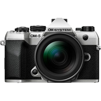 Front view of OM System OM-5 Mark II silver mirrorless camera with 12-45mm zoom lens attached.