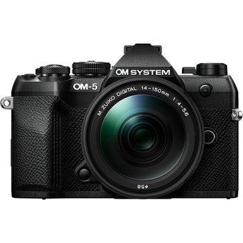 Front view of OM System OM-5 Mark II black camera with attached 14-150mm zoom lens