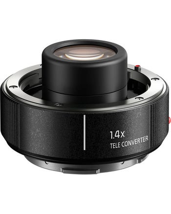 Panasonic DMW-STC14 1.4x teleconverter for Lumix S lenses, close-up front and side view on white background