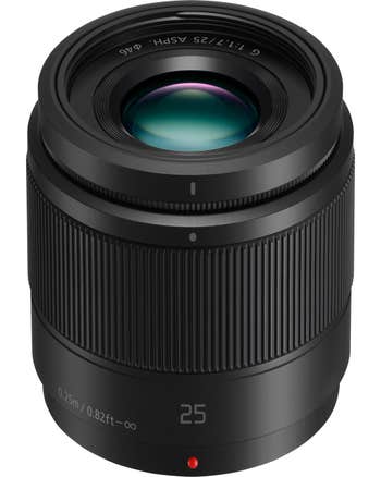 Panasonic Lumix G 25mm f/1.7 ASPH black prime lens with ribbed focus ring, front angled view