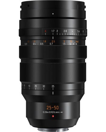 Front view of Panasonic Leica DG Vario-Summilux 25-50mm f/1.7 ASPH zoom lens standing upright