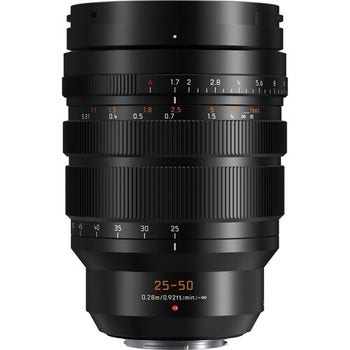 Front view of Panasonic Leica DG Vario-Summilux 25-50mm f/1.7 ASPH zoom lens standing upright