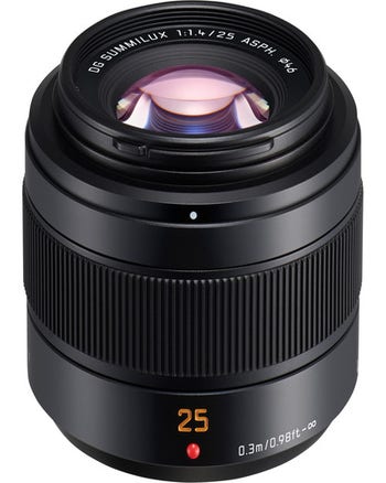 Panasonic Leica DG Summilux 25mm f/1.4 II ASPH lens front view with 25mm distance scale