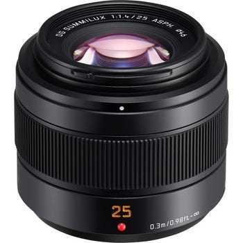 Panasonic Leica DG Summilux 25mm f/1.4 II ASPH lens front view with 25mm distance scale