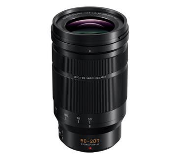 Panasonic Leica DG Vario-Elmarit 50-200mm f/2.8-4 ASPH Power OIS telephoto zoom lens, front angled view