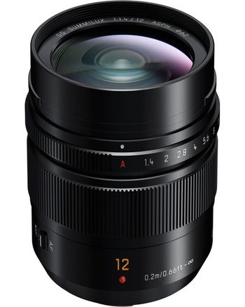 Panasonic Leica DG Summilux 12mm f/1.4 ASPH wide-angle lens, front angled view showing aperture ring and 12 marking