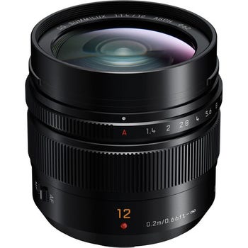 Panasonic Leica DG Summilux 12mm f/1.4 ASPH wide-angle lens, front angled view showing aperture ring and 12 marking