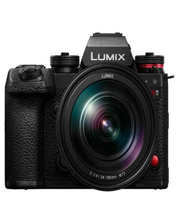 Front view of Panasonic Lumix S1R II mirrorless camera with 24-105mm zoom lens attached