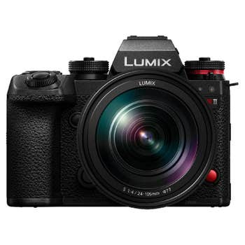 Front view of Panasonic Lumix S1R II mirrorless camera with 24-105mm zoom lens attached