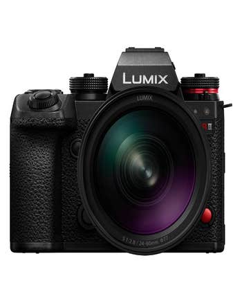 Front view of Panasonic Lumix S1R II camera with Lumix S 24-60mm f/2.8 zoom lens attached