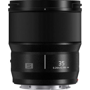 Front-on view of Panasonic Lumix S 35mm f/1.8 L-mount weather-sealed prime lens