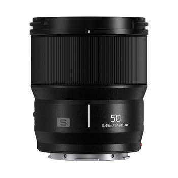 Front view of Panasonic Lumix S 50mm f/1.8 standard prime lens for L-mount mirrorless cameras