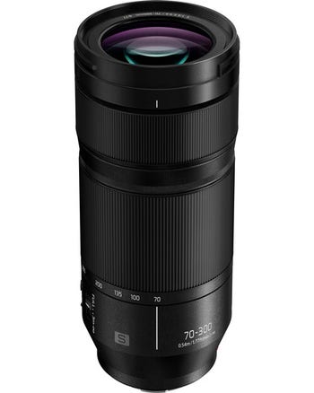 Panasonic Lumix S 70-300mm f/4.5-5.6 Macro OIS L-mount telephoto zoom lens, front angled view