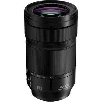 Panasonic Lumix S 70-300mm f/4.5-5.6 Macro OIS L-mount telephoto zoom lens, front angled view