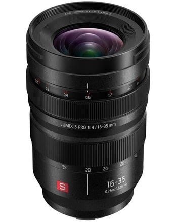Panasonic Lumix S Pro 16-35mm f/4 L Mount wide-angle zoom lens, front angled view