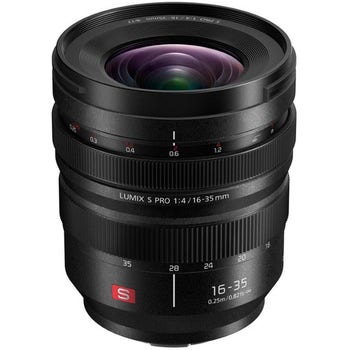 Panasonic Lumix S Pro 16-35mm f/4 L Mount wide-angle zoom lens, front angled view