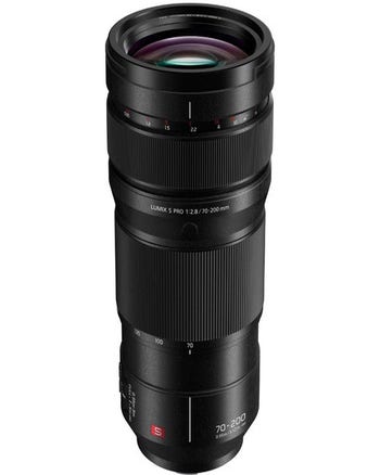 Panasonic Lumix S Pro 70-200mm f/2.8 O.I.S. L-mount telephoto zoom lens, angled front view