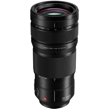 Panasonic Lumix S Pro 70-200mm f/2.8 O.I.S. L-mount telephoto zoom lens, angled front view