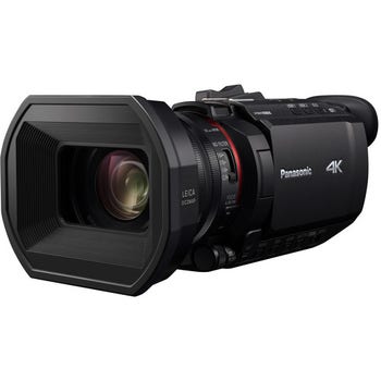 Panasonic X1500 4K semi-pro digital video camera front angle with large lens hood and zoom lens
