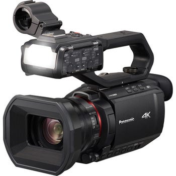 Panasonic X2000 4K semi-pro camcorder with top handle and LED-style front light, angled front-right view