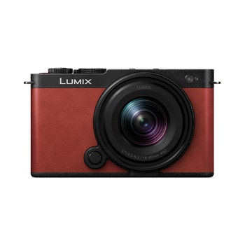 Front view of Panasonic Lumix S9 crimson red mirrorless camera with 18-40mm lens attached